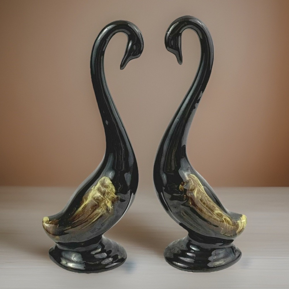 Black Gold Ceramic Swan Figurines Pair Mid Century Vintage Japan Heart Decor
